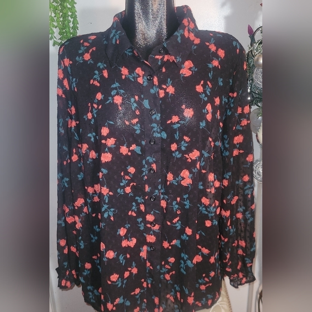 Lane Bryant Black Floral Sheer Button Up Shirt